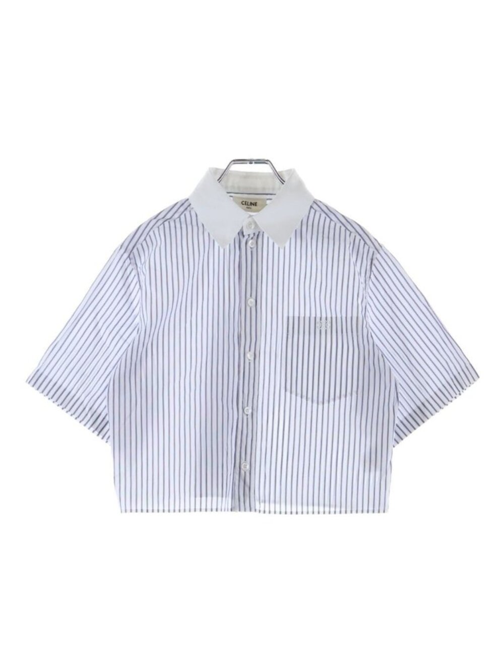 Celine Triomphe Logo Embroidery Striped Cropped Cotton Short Sleeve Shirt White